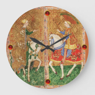 ANTIQUE TAROTS/ LADY OF COINS AND KNIGHT OF CUPS LARGE CLOCK