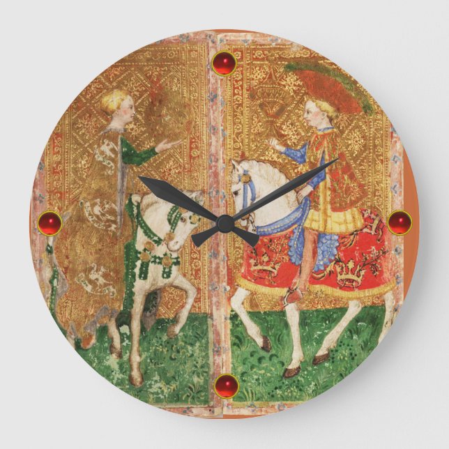 ANTIQUE TAROTS/ LADY OF COINS AND KNIGHT OF CUPS LARGE CLOCK (Front)