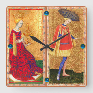 ANTIQUE TAROTS/PAGE AND QUEEN OF CUPS SQUARE WALL CLOCK