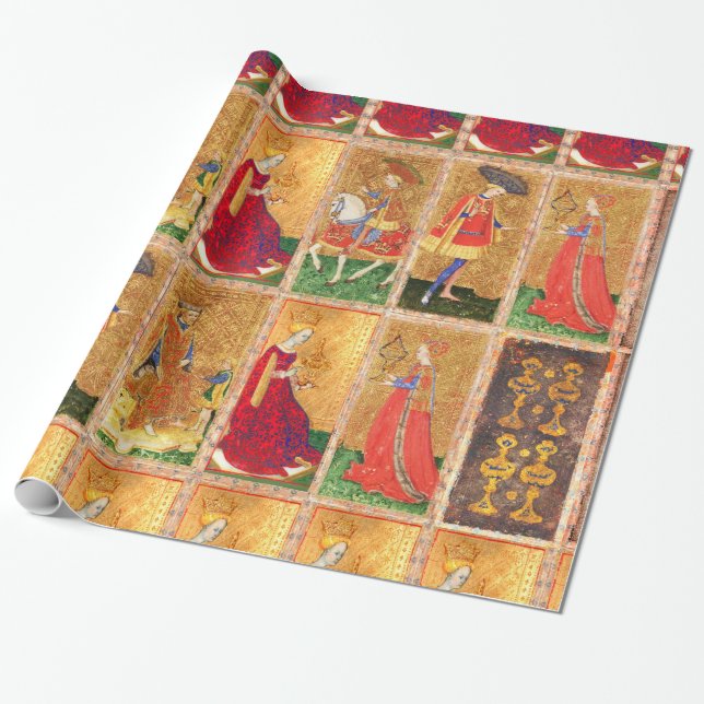 ANTIQUE TAROTS /PAGE,KNIGHT,KING AND QUEEN OF CUPS WRAPPING PAPER (Unrolled)
