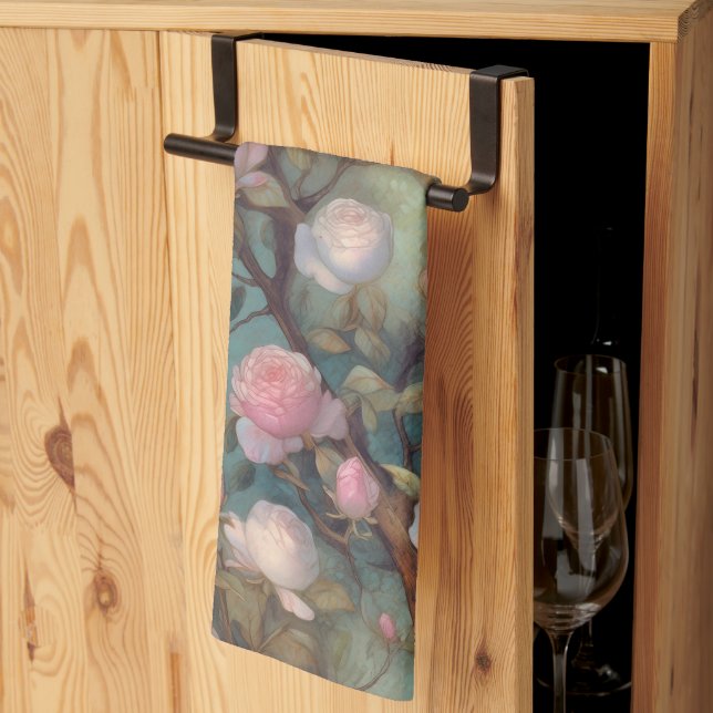 Antique tea roses on teal pattern towel (Thirds Fold)