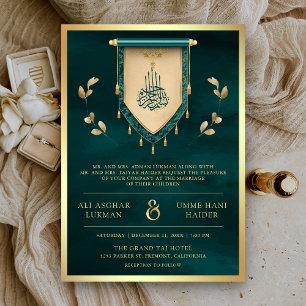 Antique Teal Gold Scroll Muslim Wedding Invitation