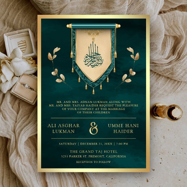 Antique Teal Gold Scroll Muslim Wedding Invitation (Creator Uploaded)