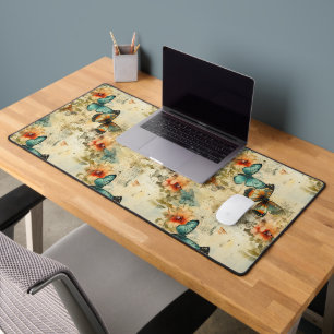 Antique Teal Orange Butterfly Floral Desk Mat