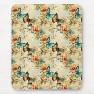Antique Teal Orange Butterfly Floral Mouse Pad
