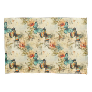 Antique Teal Orange Butterfly Floral Pillowcase