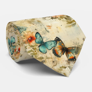 Antique Teal Orange Butterfly Floral Tie