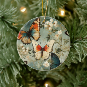 Antique Teal Orange Butterfly White Blossom Ceramic Ornament