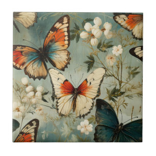 Antique Teal Orange Butterfly White Blossom Ceramic Tile