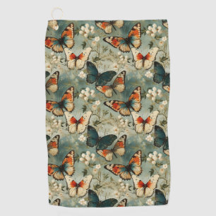 Antique Teal Orange Butterfly White Blossom Golf Towel