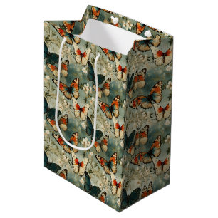 Antique Teal Orange Butterfly White Blossom Medium Gift Bag