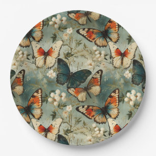 Antique Teal Orange Butterfly White Blossom Paper Plate