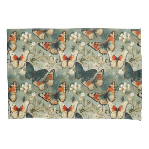 Antique Teal Orange Butterfly White Blossom Pillowcase