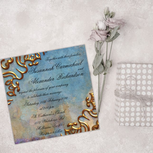 Antique Teal Watercolor and Gold Jewels Wedding Invitation (Creator Uploaded)