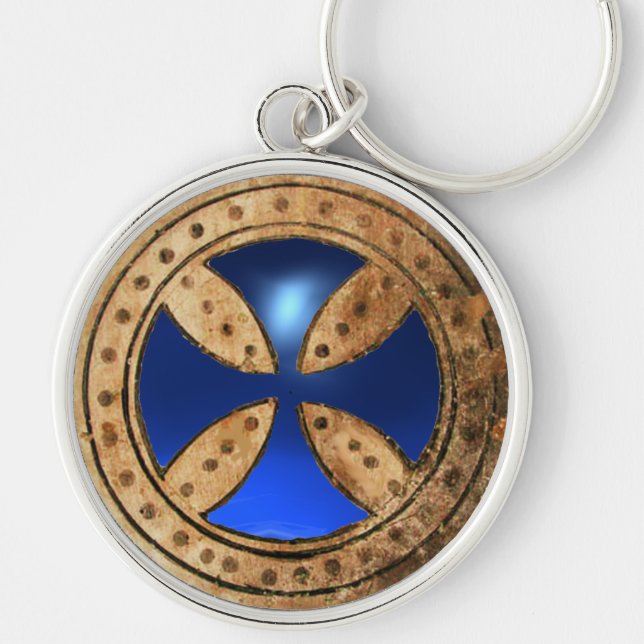 ANTIQUE TEMPLAR CROSS Blue Sapphire Gem Key Ring (Front)