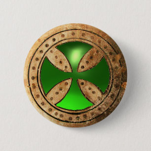ANTIQUE TEMPLAR CROSS Green Emerald Gem 6 Cm Round Badge