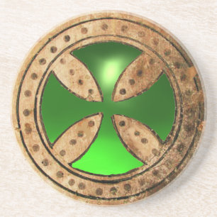 ANTIQUE TEMPLAR CROSS Green Emerald Gem Coaster