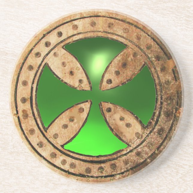 ANTIQUE TEMPLAR CROSS Green Emerald Gem Coaster (Front)