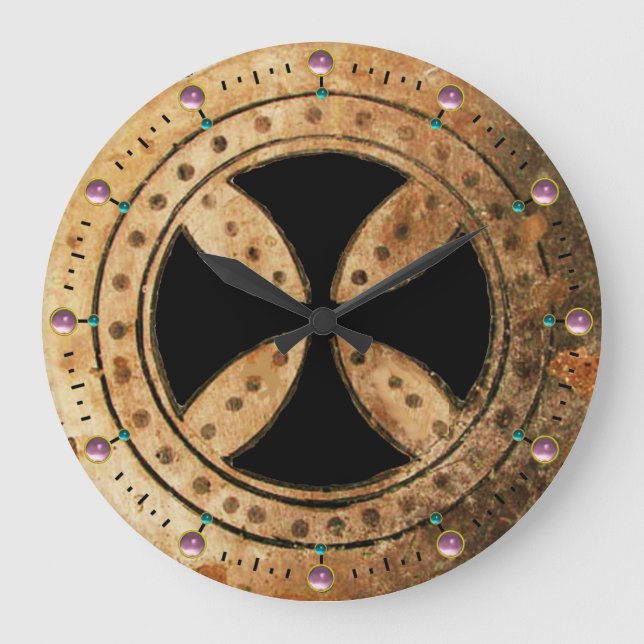 ANTIQUE TEMPLAR CROSS Pink Amethyst Gemstones Large Clock (Front)