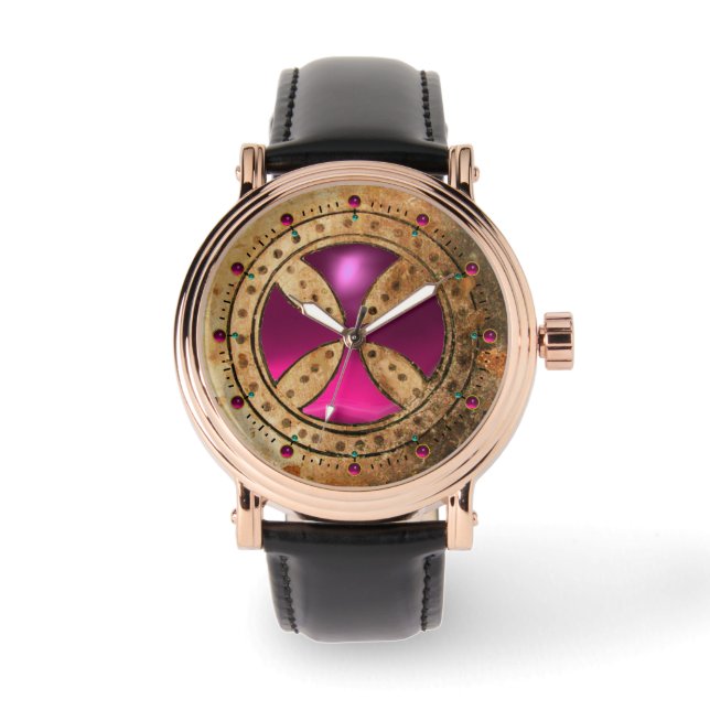 ANTIQUE TEMPLAR CROSS Pink Fuchsia Gem Watch (Front)