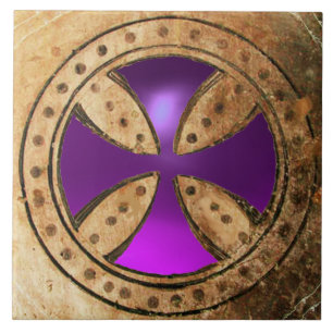 ANTIQUE TEMPLAR CROSS Purple Amethyst Gem Ceramic Tile