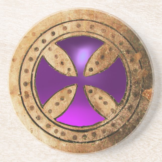 ANTIQUE TEMPLAR CROSS Purple Amethyst Gem Coaster (Front)
