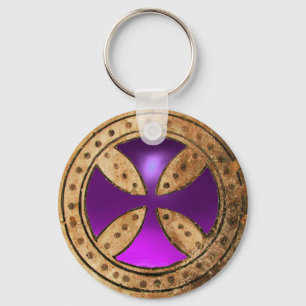 ANTIQUE TEMPLAR CROSS Purple Amethyst Gem Key Ring