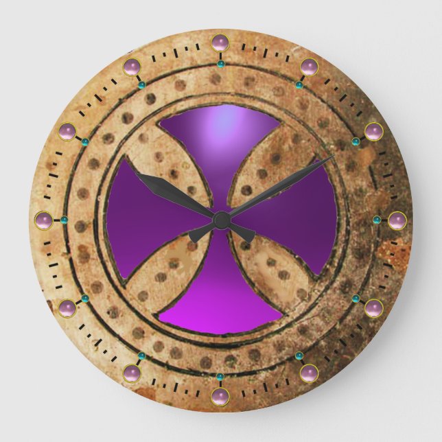 ANTIQUE TEMPLAR CROSS Purple Amethyst Gem Large Clock (Front)