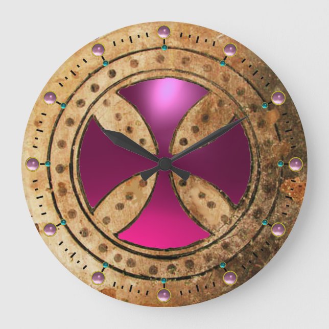 ANTIQUE TEMPLAR  CROSS Purple Pink Amethyst Gem Large Clock (Front)