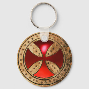 ANTIQUE TEMPLAR CROSS Red Ruby Gem Key Ring
