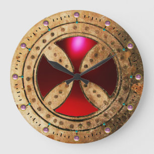 ANTIQUE TEMPLAR CROSS Red Ruby Gem Large Clock