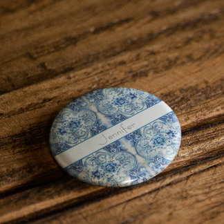 Antique Tiles in Delft Blue, customisable 15 Cm Square Badge