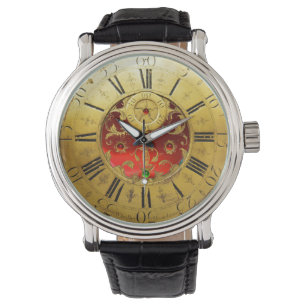 ANTIQUE TIME Red Ruby Gemstones,Gold Yellow Watch