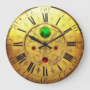 Antique Time,Shamrocks,Ruby Gemstones,Gold Yellow Large Clock