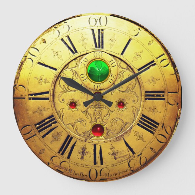 Antique Time,Shamrocks,Ruby Gemstones,Gold Yellow Large Clock (Front)