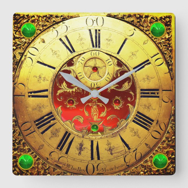 Antique Time,Shamrocks,Ruby Gemstones Gold Yellow Square Wall Clock (Front)