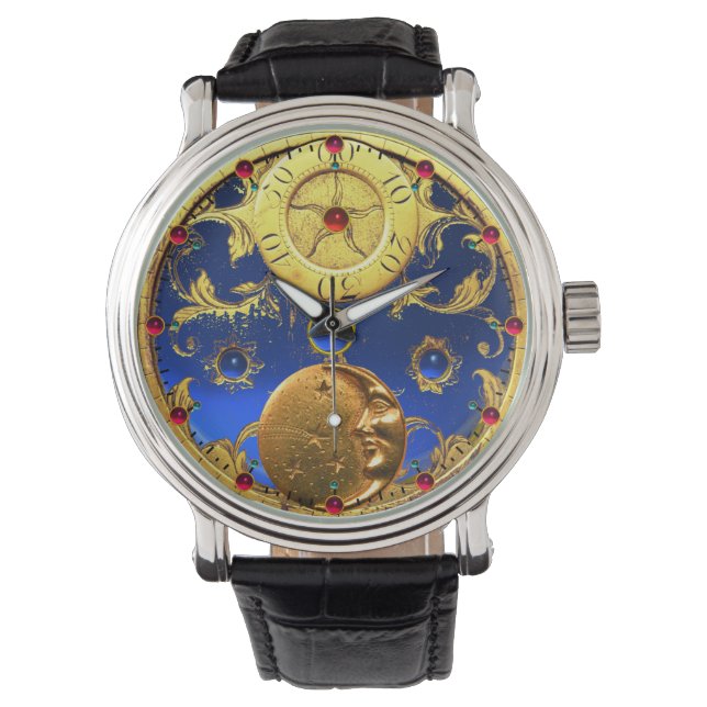 ANTIQUE TIME ,Sun, Moon and Stars,Blue Gold Yellow Watch (Front)