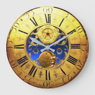 ANTIQUE TIME ,Sun, Moon,Stars,Blue Gem,Gold Yellow Large Clock