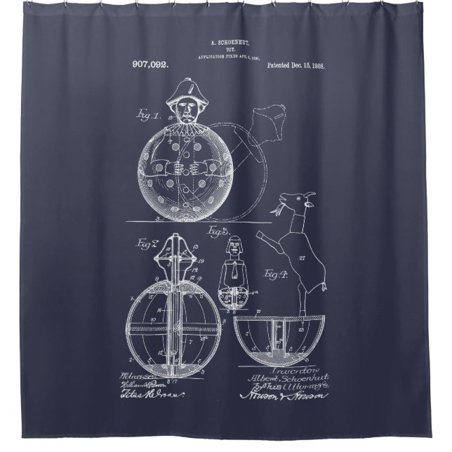 Antique Toy 1908 Roly Poly Patent Drawing Shower Curtain (Front)