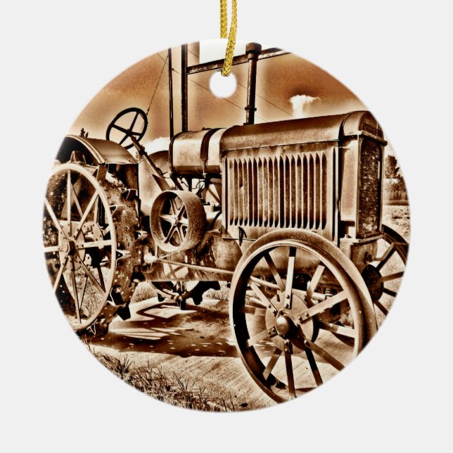 Antique Tractor Farm Equipment Classic Sepia Ceramic Ornament (Front)