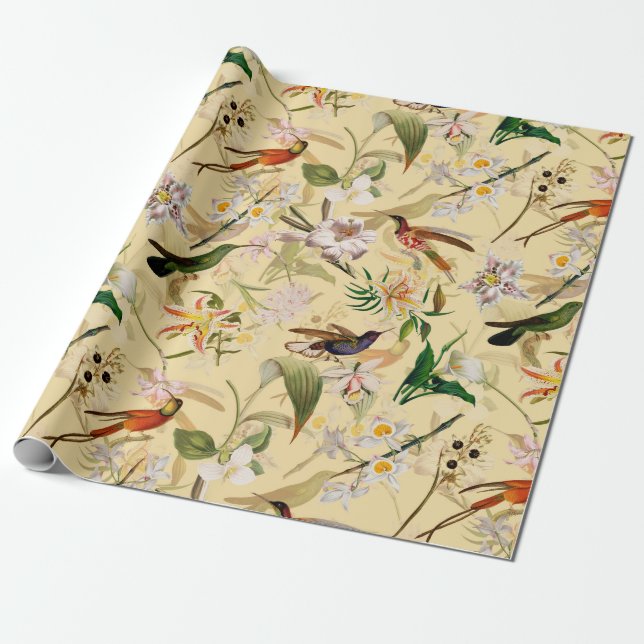 Antique Tropical Hummingbird Jungle Pattern Vanill Wrapping Paper (Unrolled)