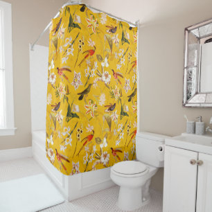 Antique Tropical Hummingbird Jungle Pattern Yellow Shower Curtain