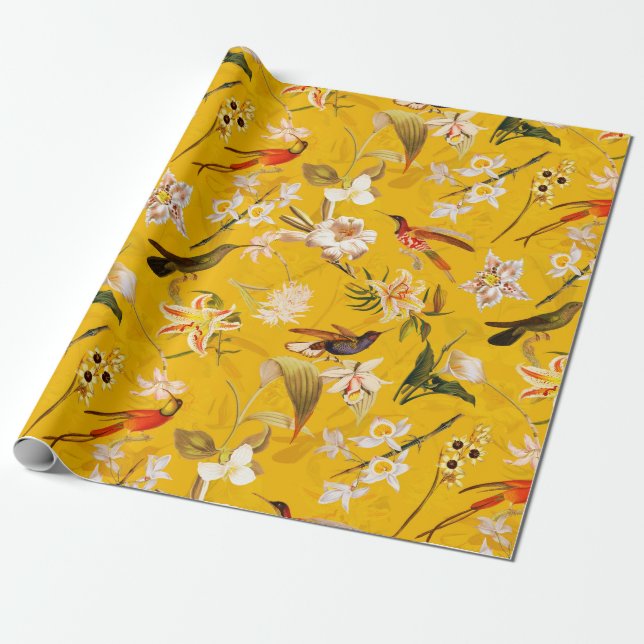 Antique Tropical Hummingbird Jungle Pattern Yellow Wrapping Paper (Unrolled)