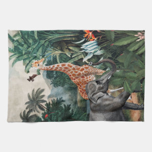 Antique Tropical Jungle With Animals Illustration Tea Towel
