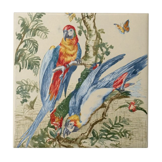 Antique Tropical Parrot and Butterfly Fine Art Ceramic Tile (Front)