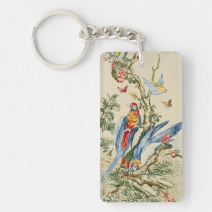 Antique Tropical Parrot and Butterfly Fine Art Key Ring