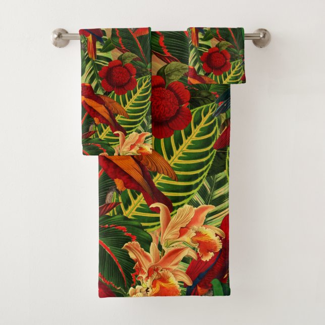 Antique Tropical Parrots Jungle Pattern Bath Towel Set (Insitu)