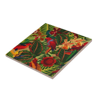 Antique Tropical Parrots Jungle Pattern Ceramic Tile