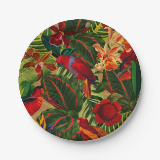 Antique Tropical Parrots Jungle Pattern Paper Plate