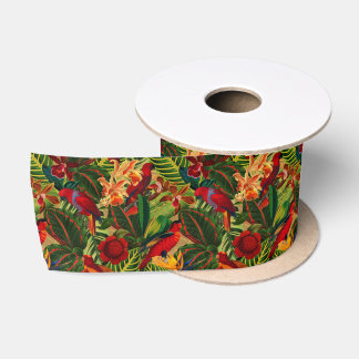Antique Tropical Parrots Jungle Pattern Satin Ribbon